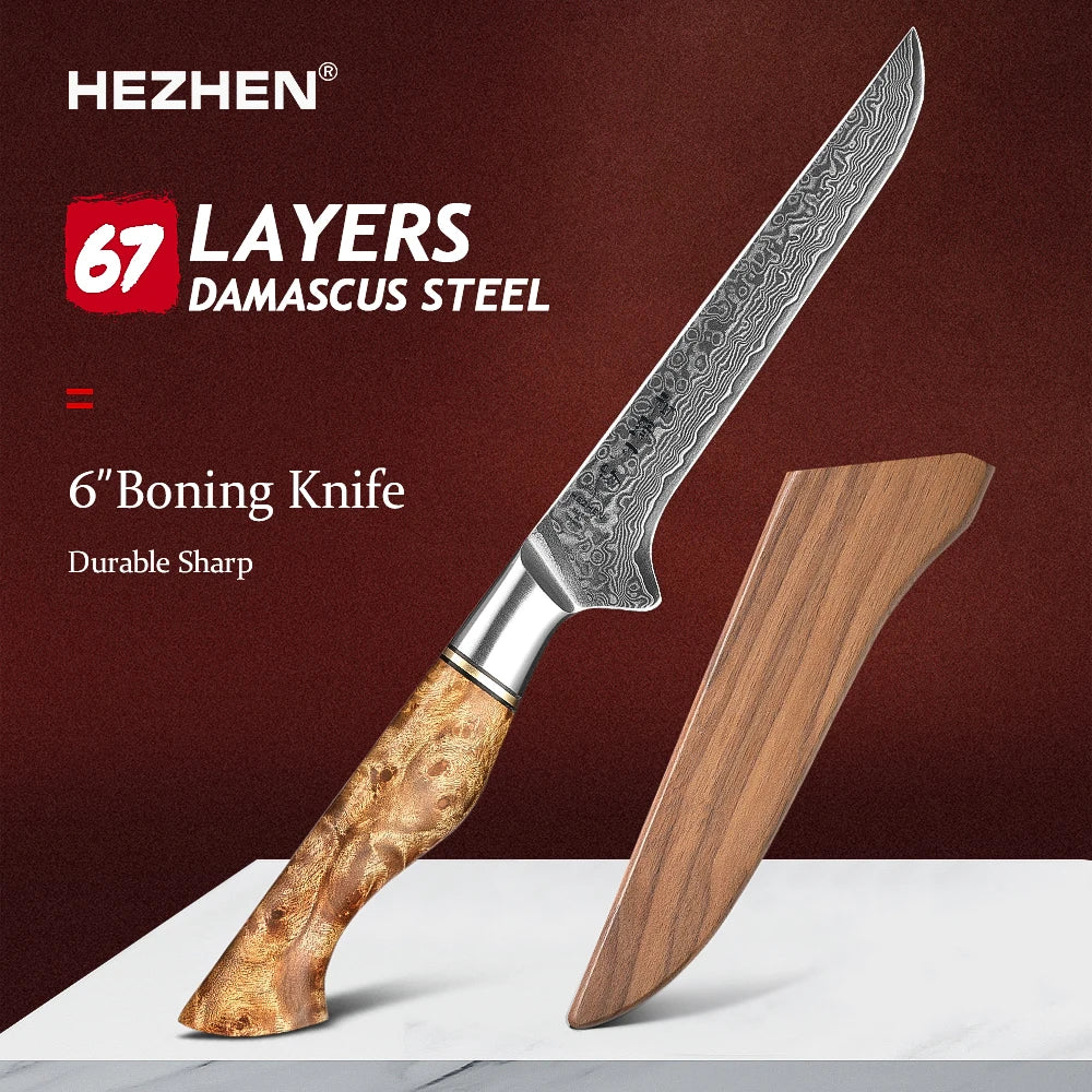 Ausbeinmesser der Serie Hezhen Master 6 Zoll (15,2 cm) – 67-lagiger Damaststahl mit Sycamore-Holzgriff – 60-62 HRC Härte