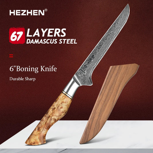 Ausbeinmesser der Serie Hezhen Master 6 Zoll (15,2 cm) – 67-lagiger Damaststahl mit Sycamore-Holzgriff – 60-62 HRC Härte