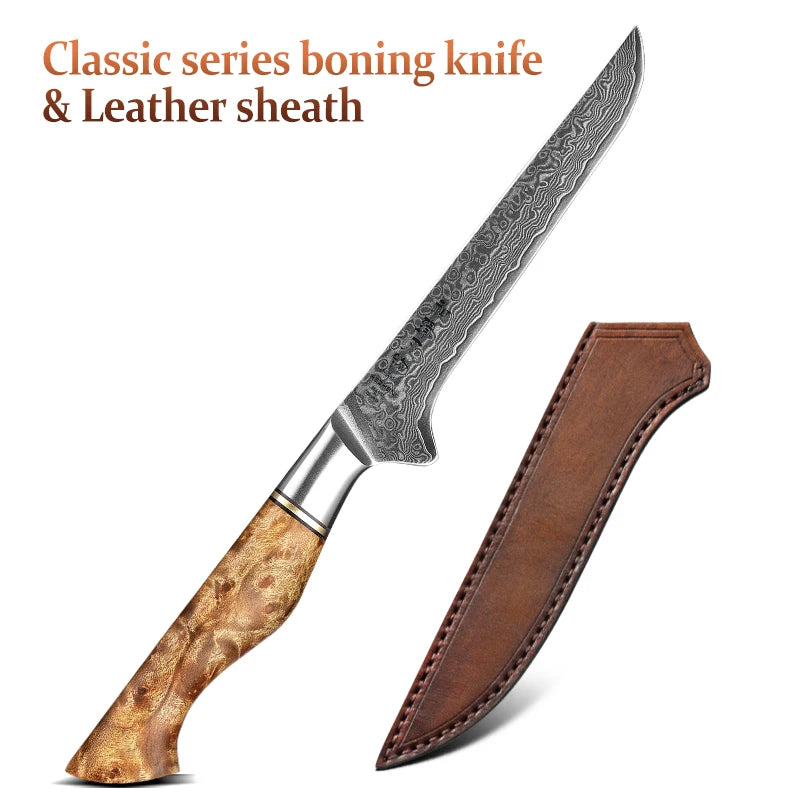 Ausbeinmesser der Serie Hezhen Master 6 Zoll (15,2 cm) – 67-lagiger Damaststahl mit Sycamore-Holzgriff – 60-62 HRC Härte