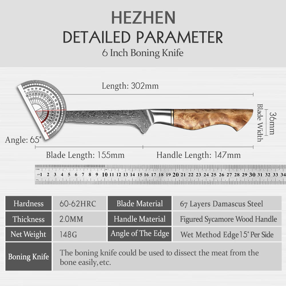 Ausbeinmesser der Serie Hezhen Master 6 Zoll (15,2 cm) – 67-lagiger Damaststahl mit Sycamore-Holzgriff – 60-62 HRC Härte